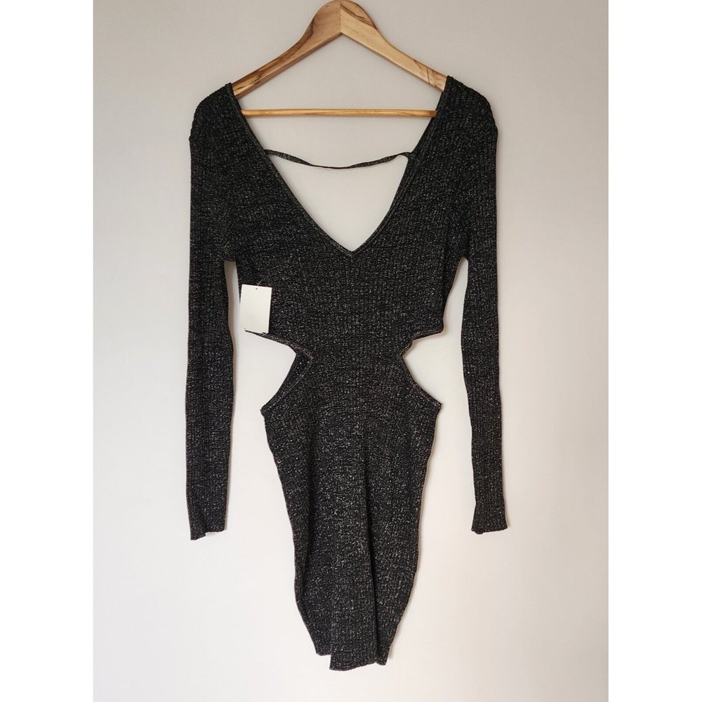 Open Edit Sparkle Cutout Sweater Minidress In Black- Silver Large NWOT